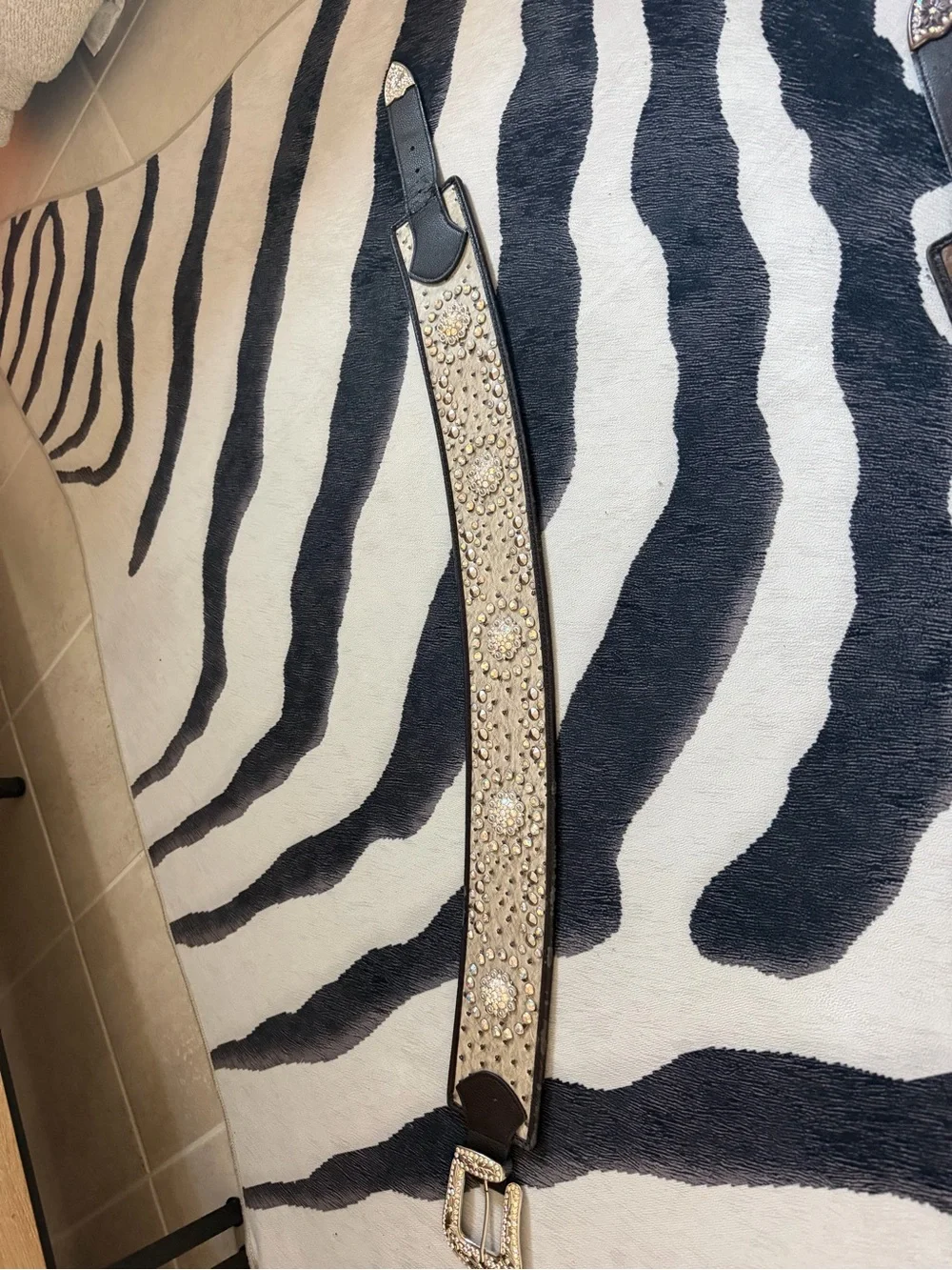 Embellished Genuine Leather Black and cream belt with Gold Accent